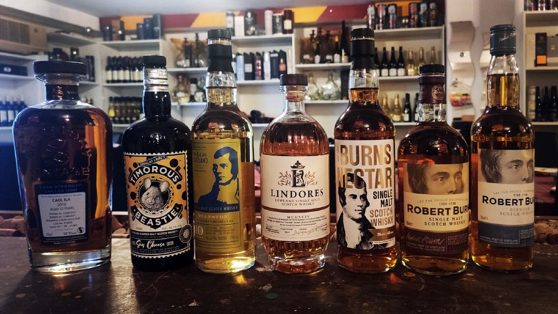 Ausgesuchte Whiskys, alle im Bezug zum Dichter und Trunkenbold Robert Burns