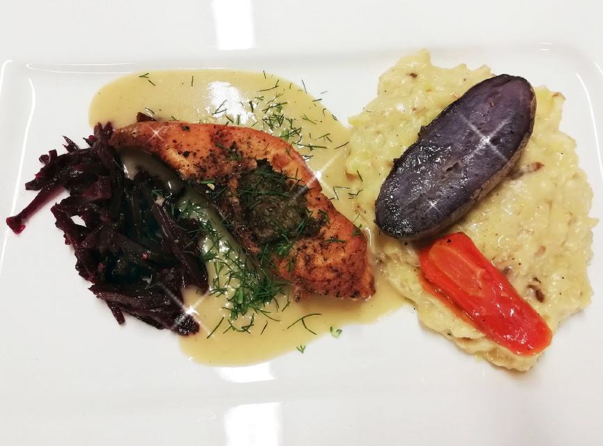 Scottish Salmon, White-Port-Sauce, Beetroot-Onion-Puree