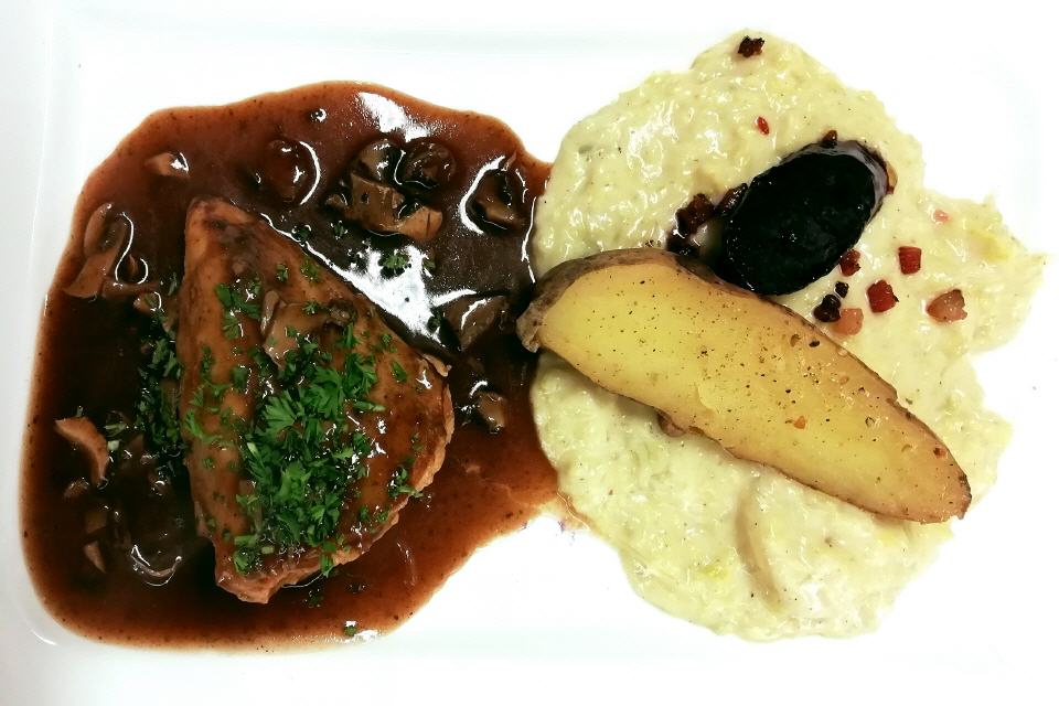 Roasted Grouse with Chips, Savoy Cabbage & Ardbeg Cream Sauce